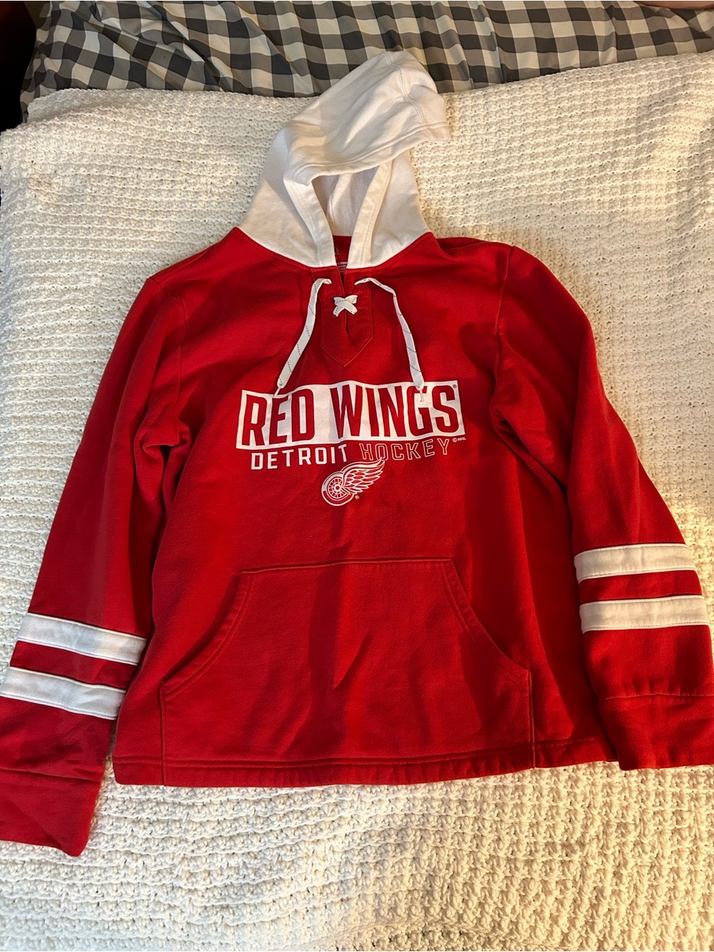 NHL Red Pullover Hoodie with White Hood & Stripe Accents